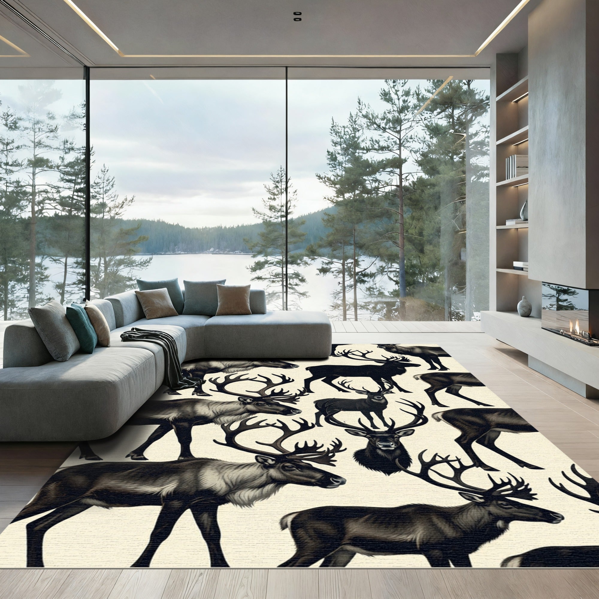 Monochromatic Woodland Reindeer Forest Landscape Rug