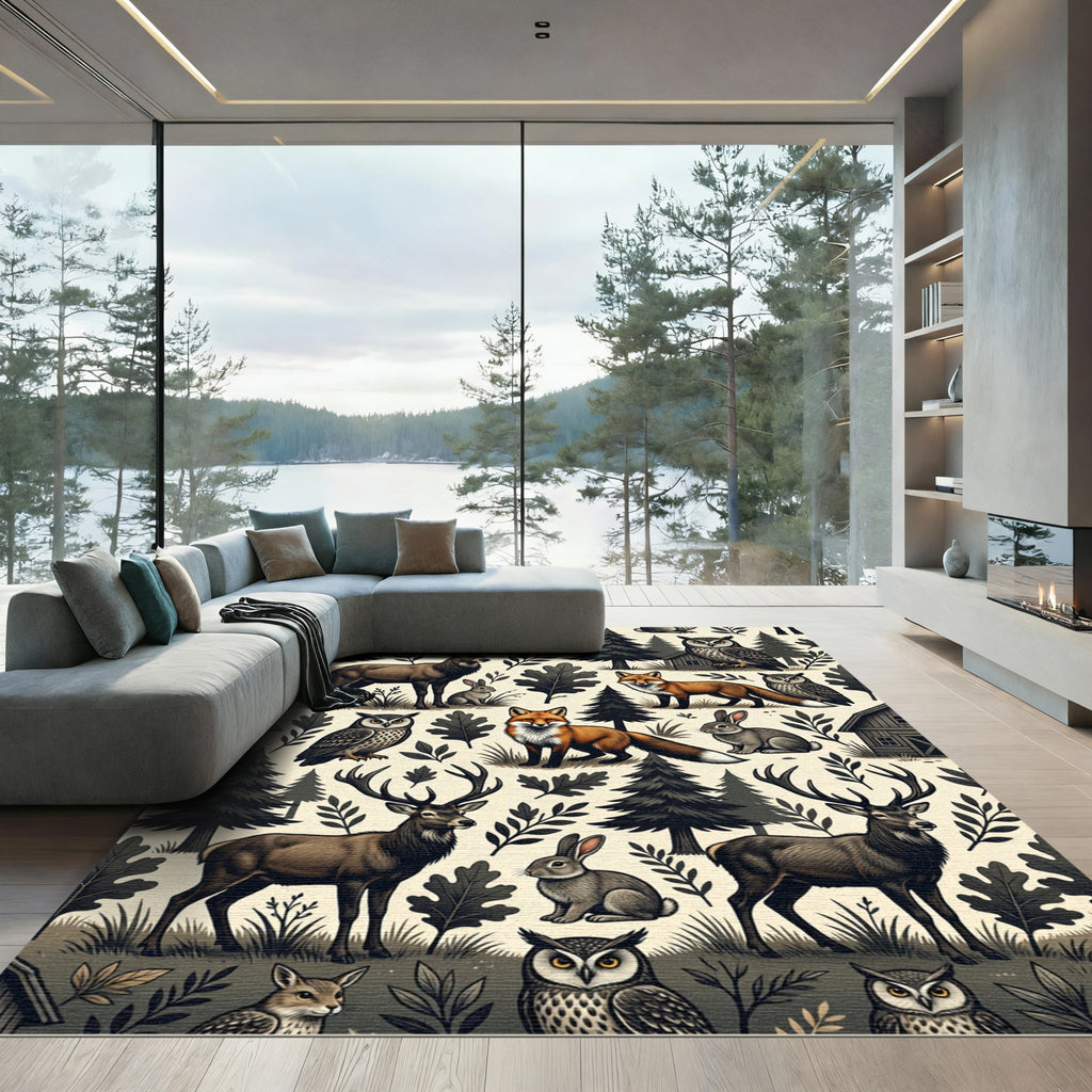Enchanted Forest Woodland Creatures Cream Earthy Tones Rug
