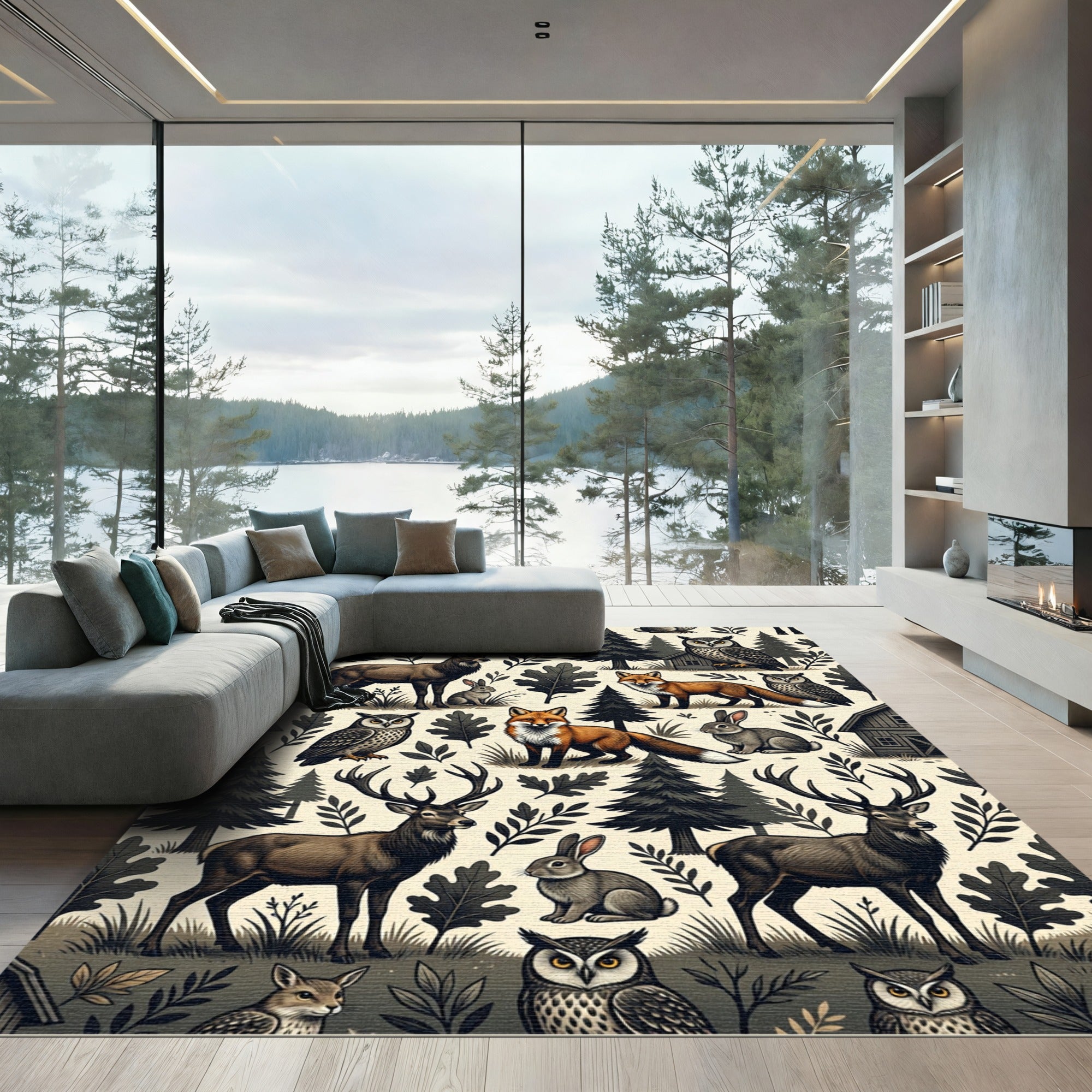 Enchanted Forest Woodland Creatures Cream Earthy Tones Rug