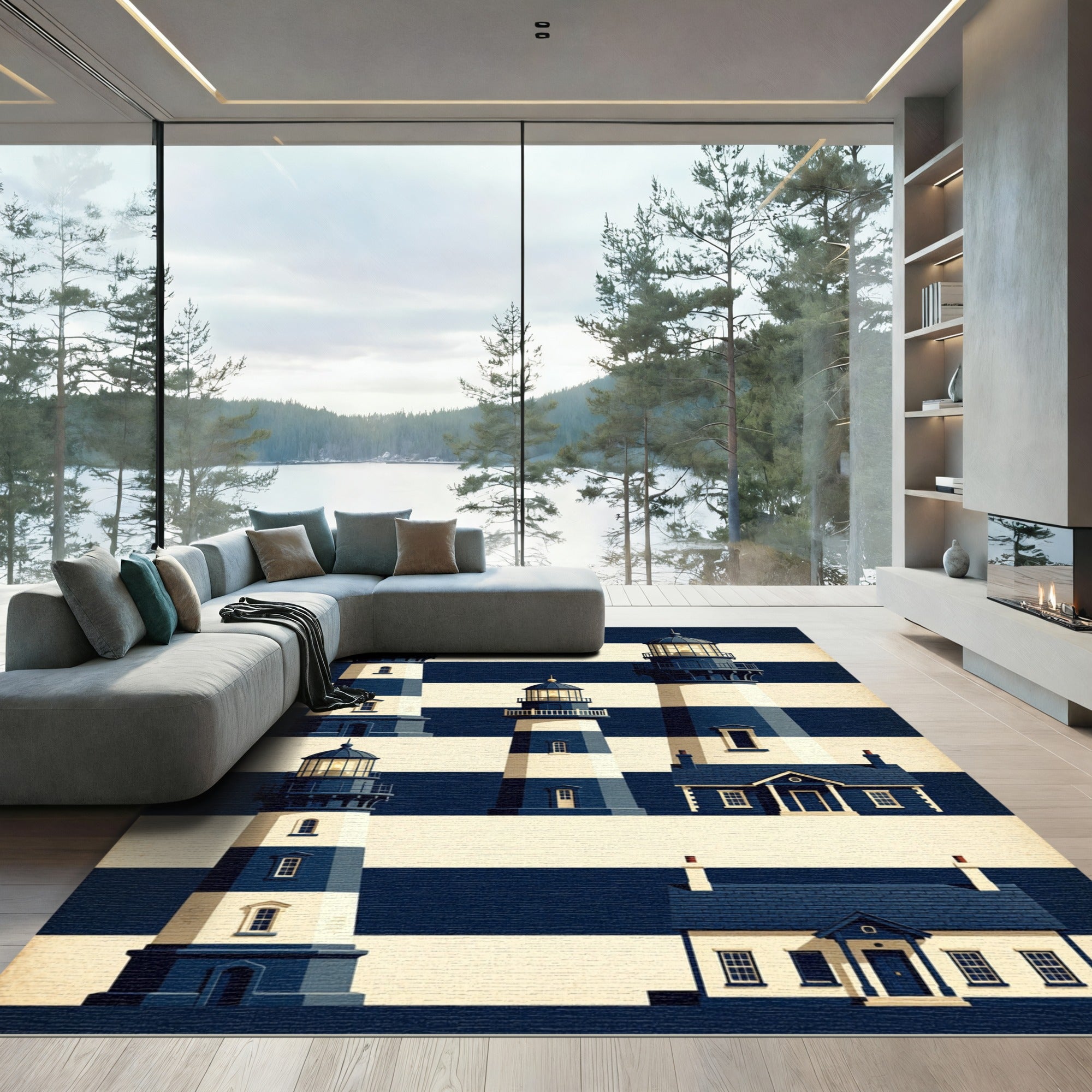 Navy White Stripe Lighthouse Collection Rug