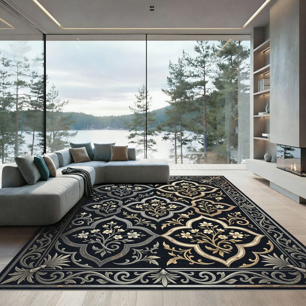 Elegant Silver Gold Floral Quatrefoil Rug