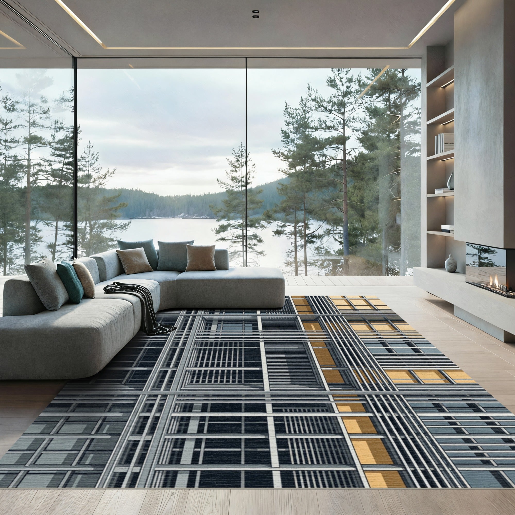 Modern Yellow Gray Linear Grid Rug