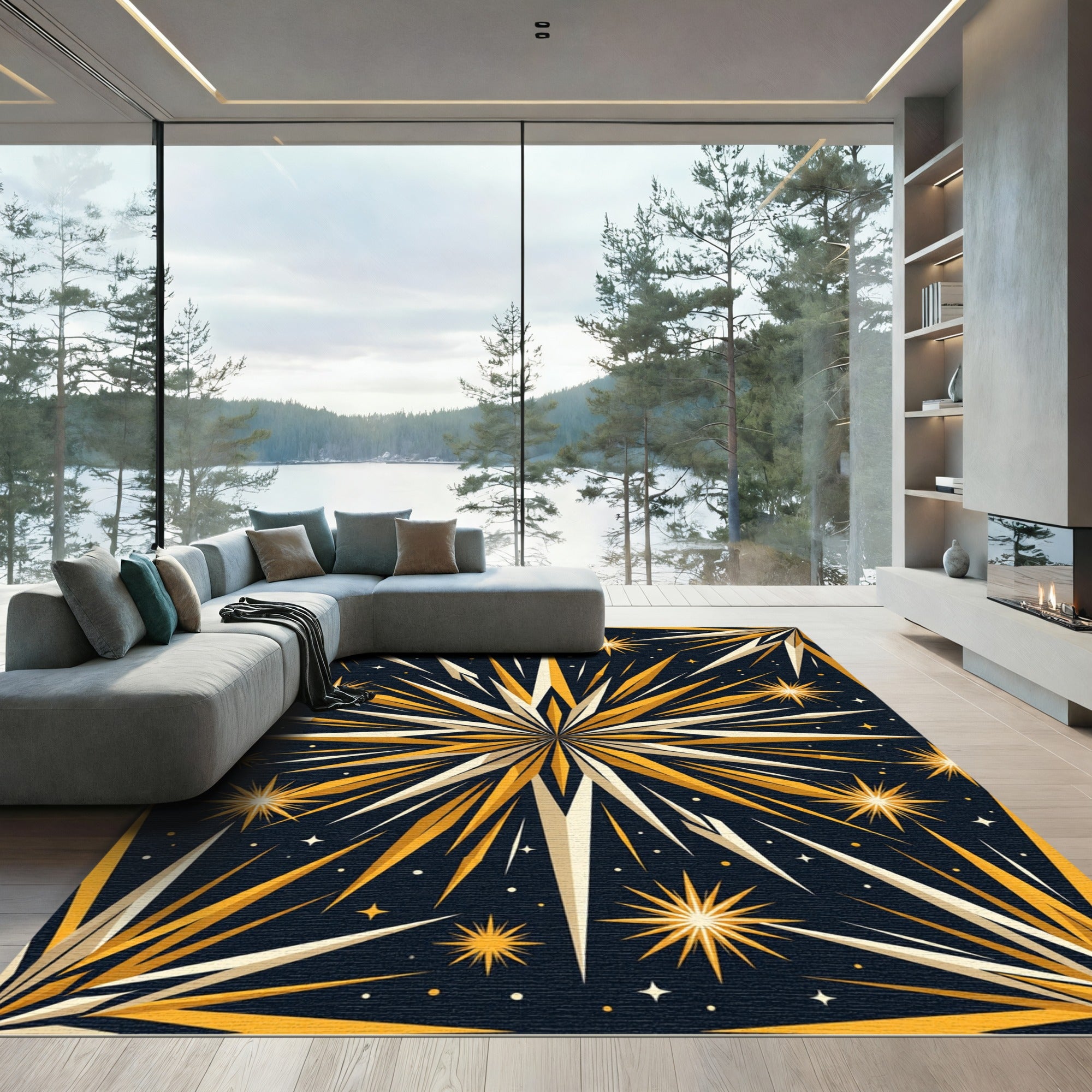 Golden Starburst Celestial Night Rug