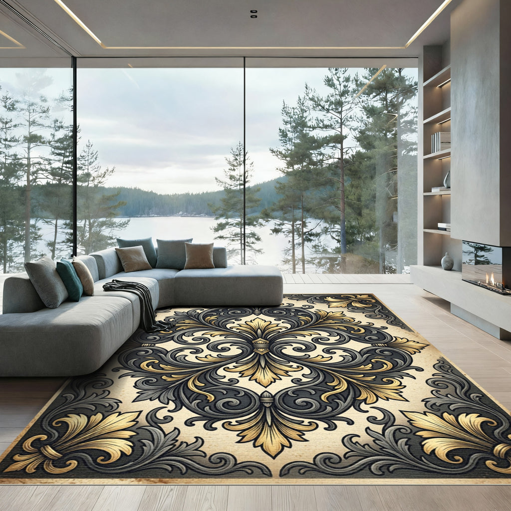 Ornate Charcoal Gold Floral Damask Rug