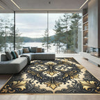 Ornate Charcoal Gold Floral Damask Rug