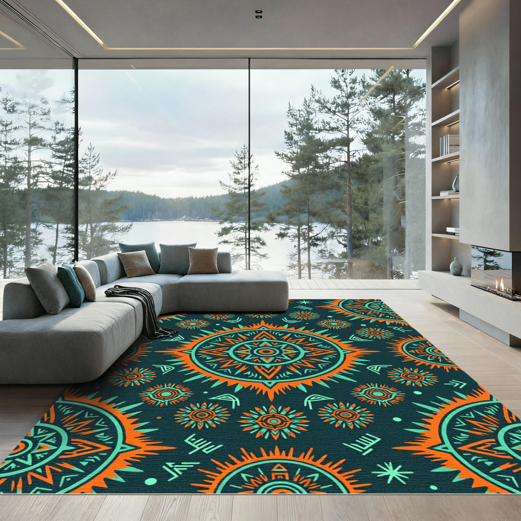 Vibrant Orange Turquoise Sunburst Medallion Rug
