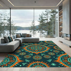 Vibrant Orange Turquoise Sunburst Medallion Rug