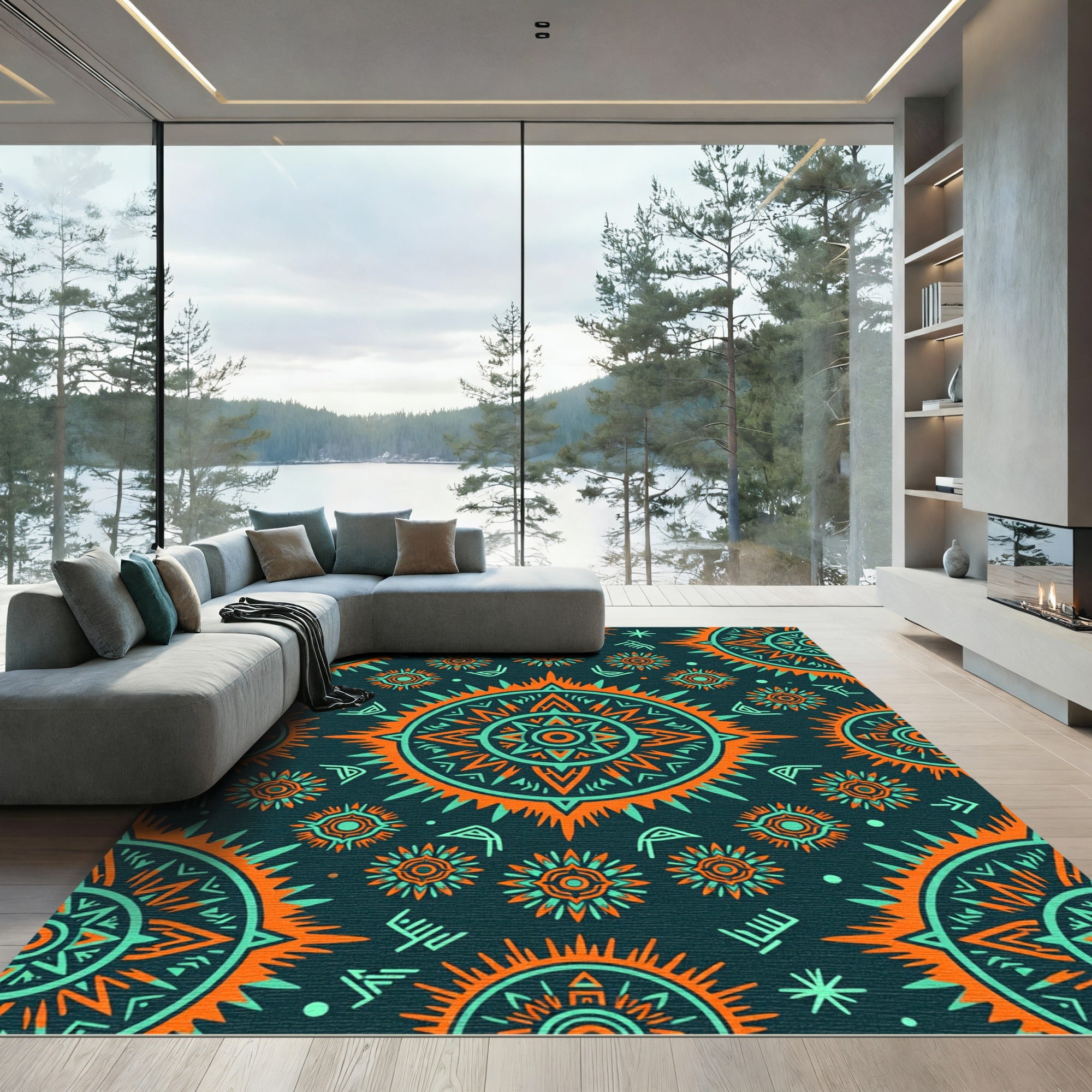 Vibrant Orange Turquoise Sunburst Medallion Rug