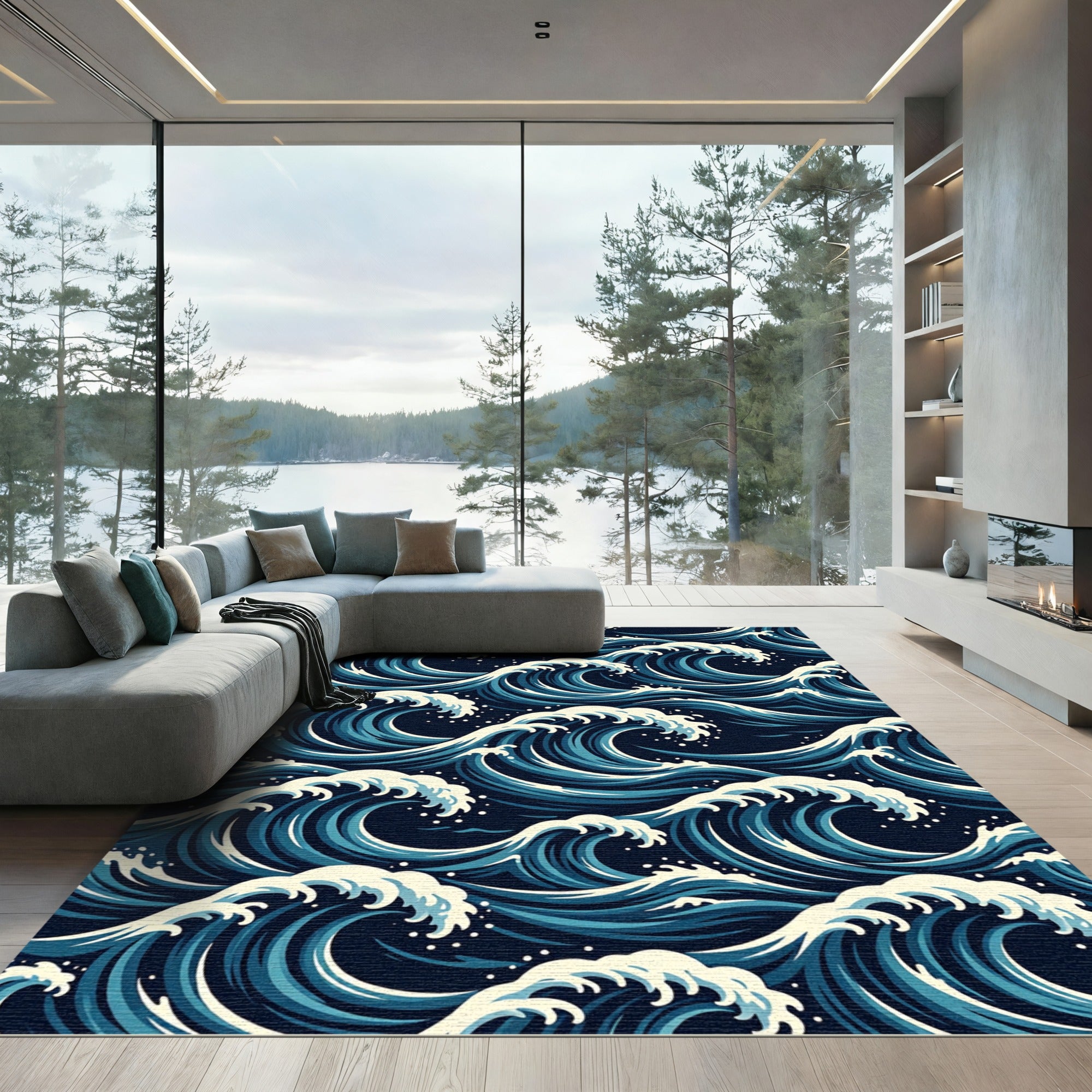 Deep Blue Oceanic Waves Rug
