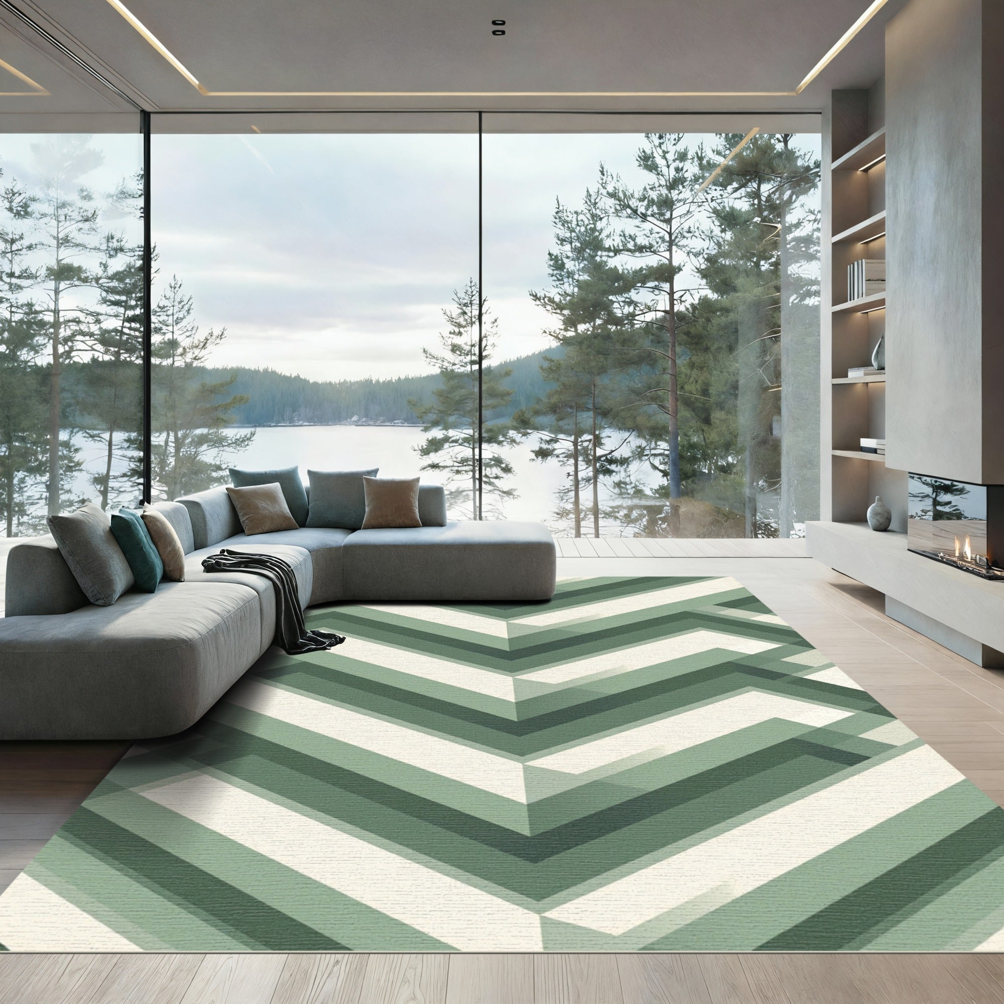 Sage Green Geometric Chevron Stripe Rug