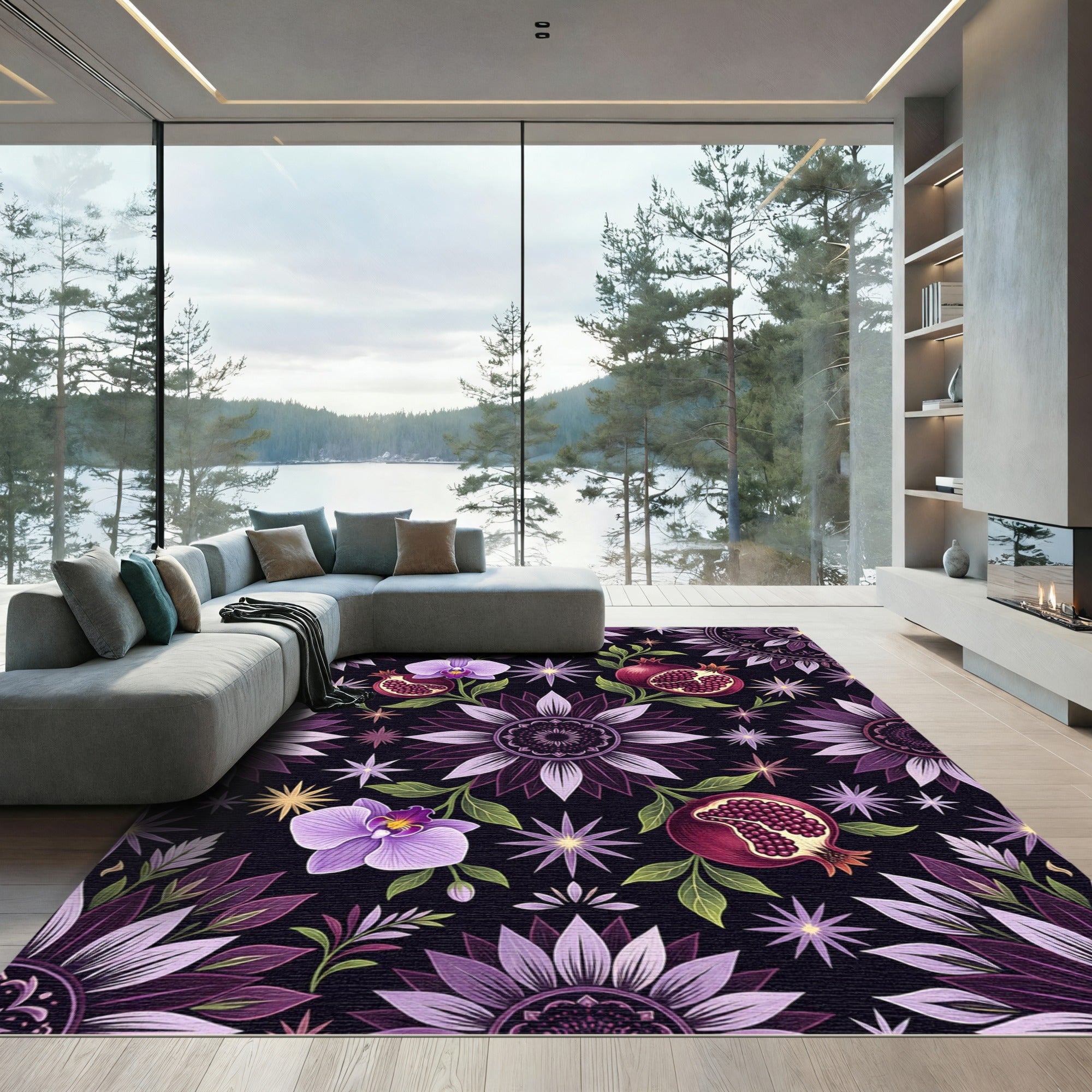 Celestial Orchid Pomegranate Purple Floral Medallion Rug