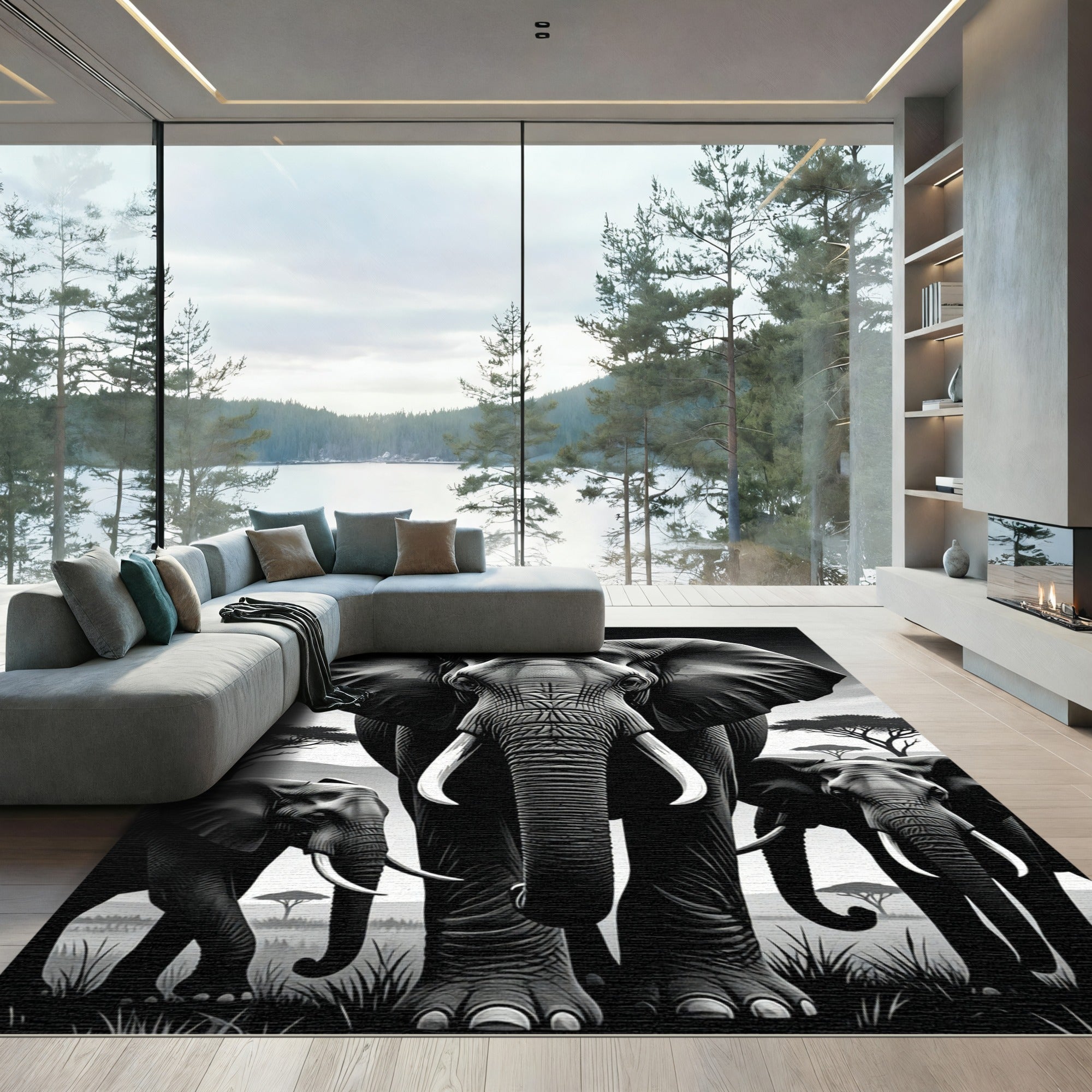 Black and White Majestic Elephant Herd Rug