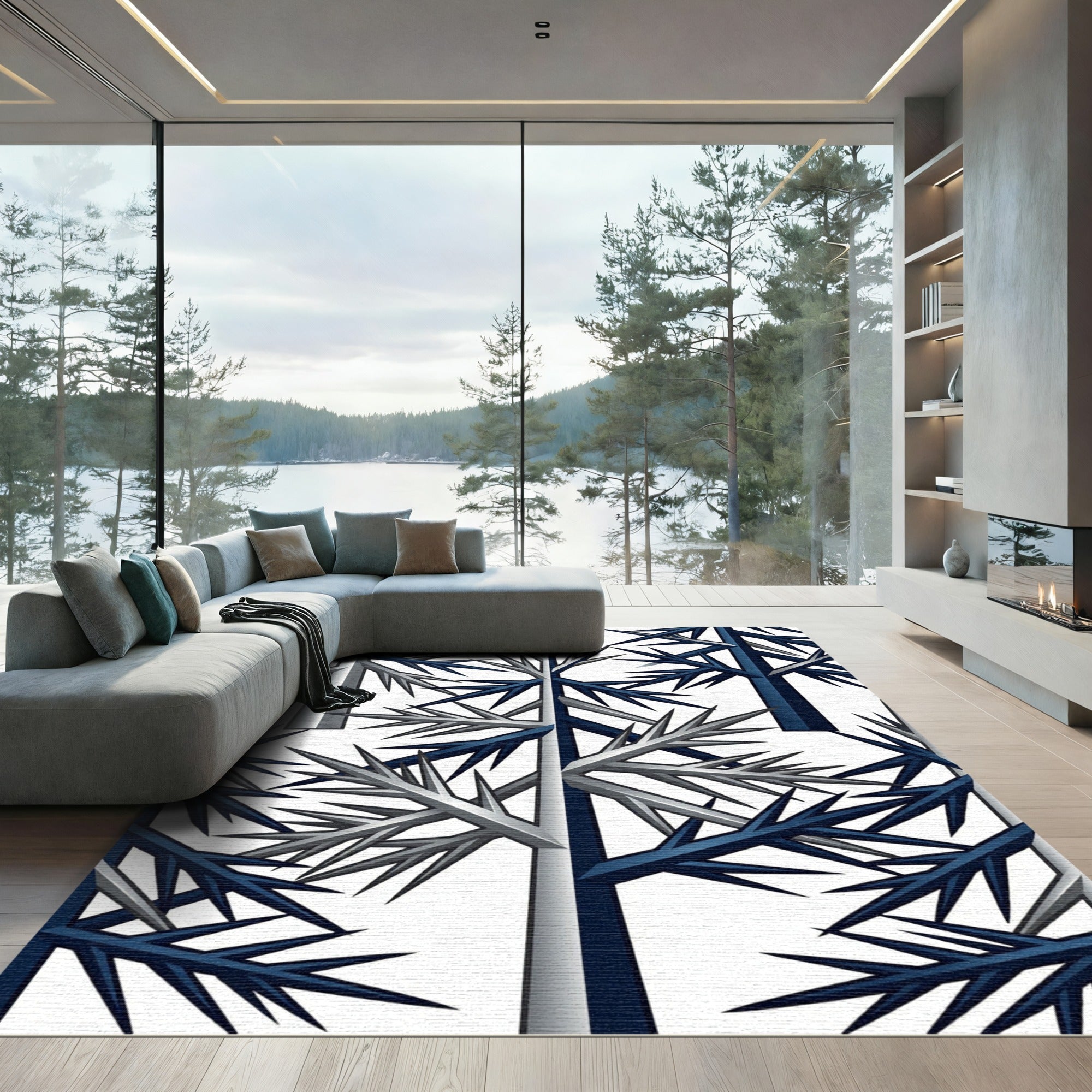 Geometric Navy and Silver Pine Forest Rug