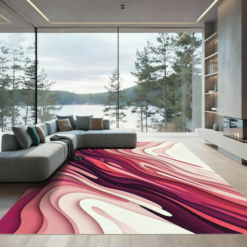Modern Crimson Abstract Layered Flow Rug