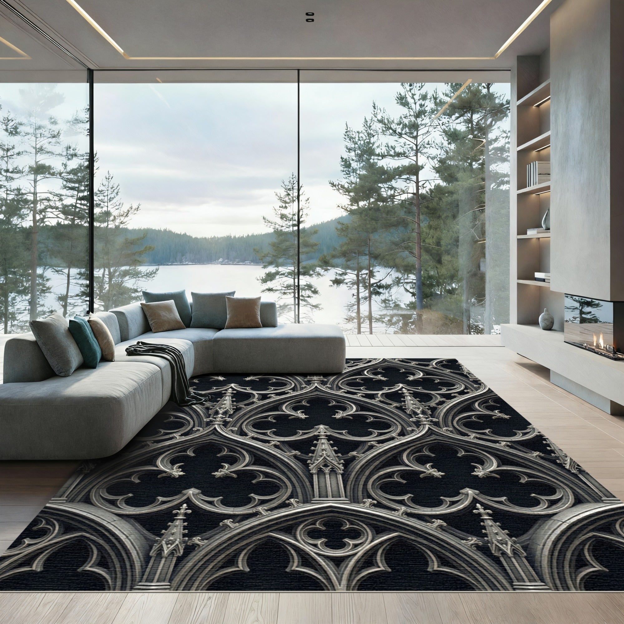 Gothic Charcoal Iron Trefoil Arches Rug