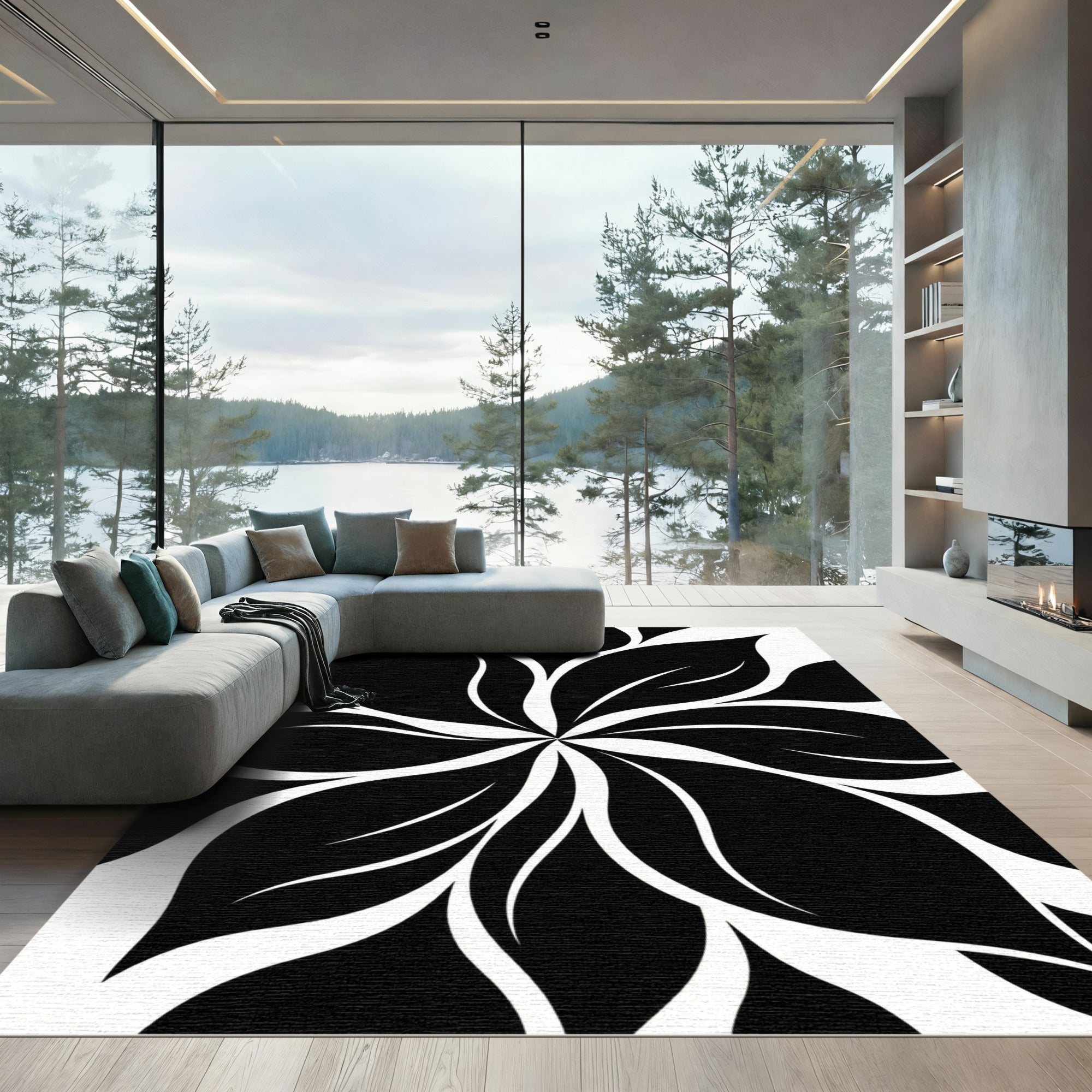 Bold Black and White Floral Swirl Rug