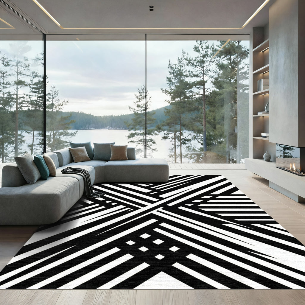 Bold Abstract Monochrome Intersecting Lines Rug