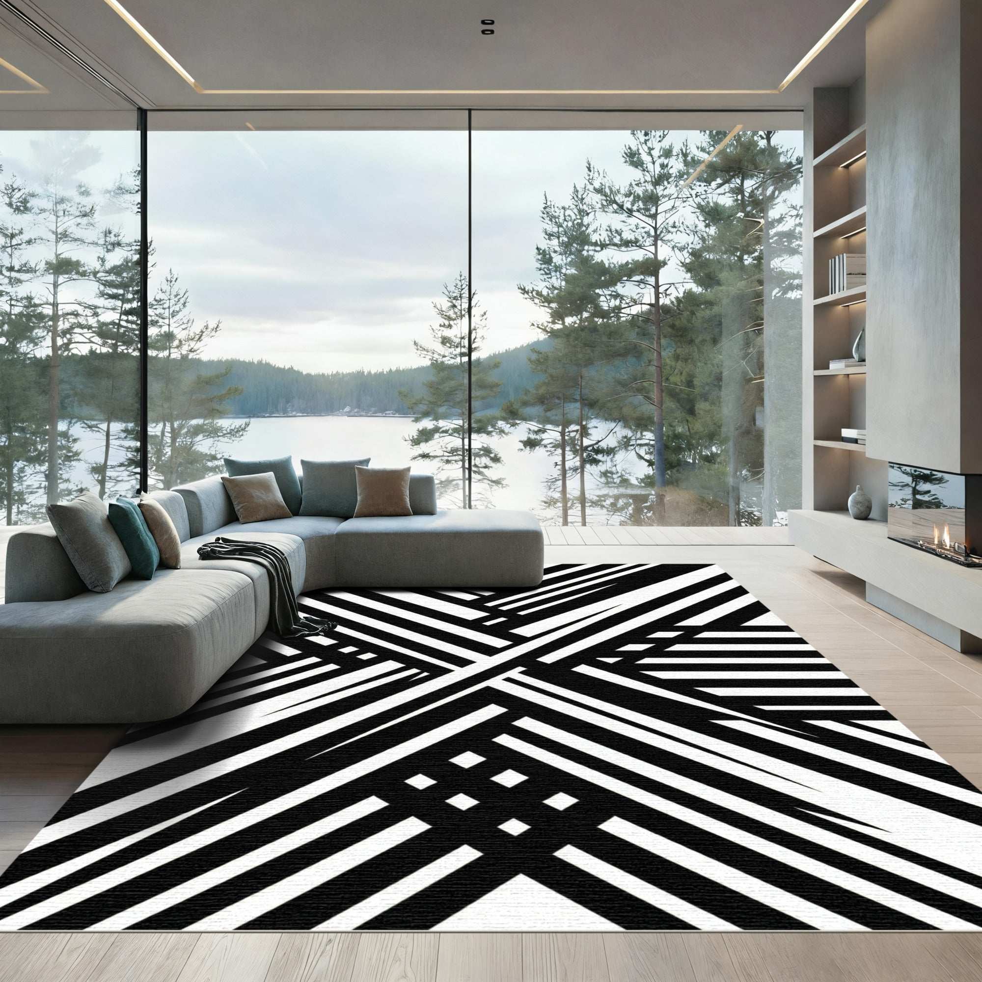 Bold Abstract Monochrome Intersecting Lines Rug