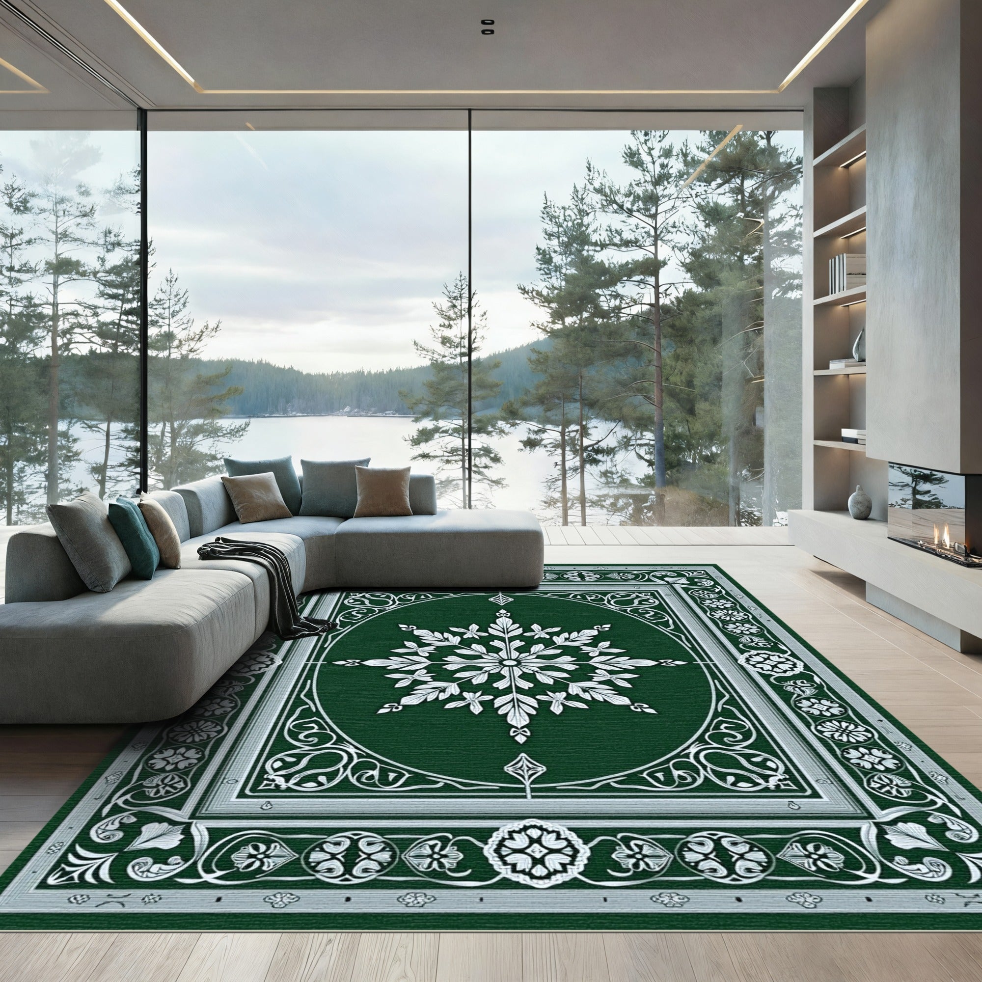 Elegant Green White Floral Medallion Rug