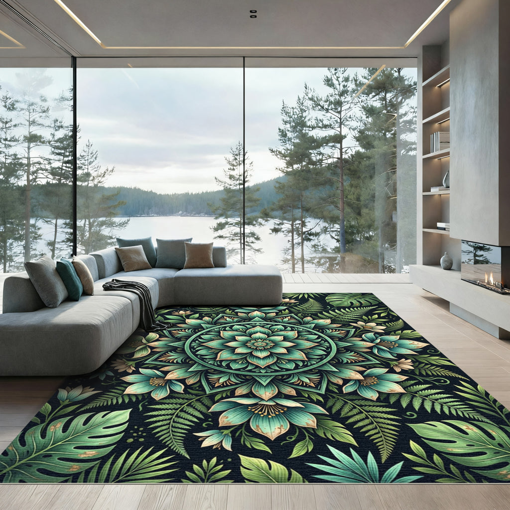 Teal Botanical Lotus Mandala Flora Rug