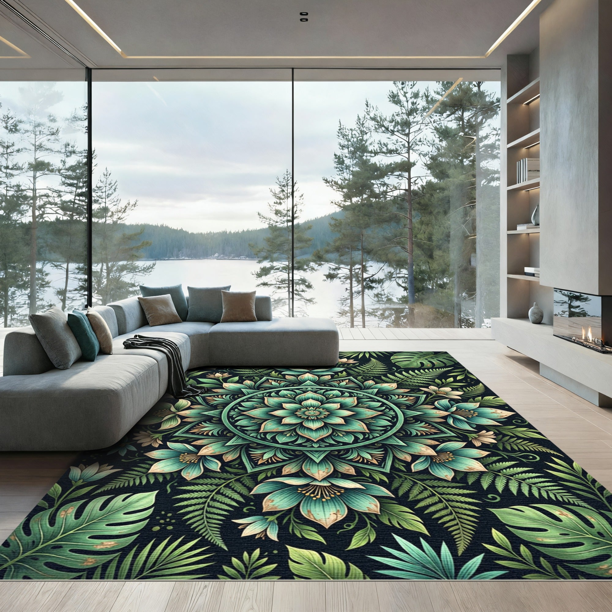 Teal Botanical Lotus Mandala Flora Rug