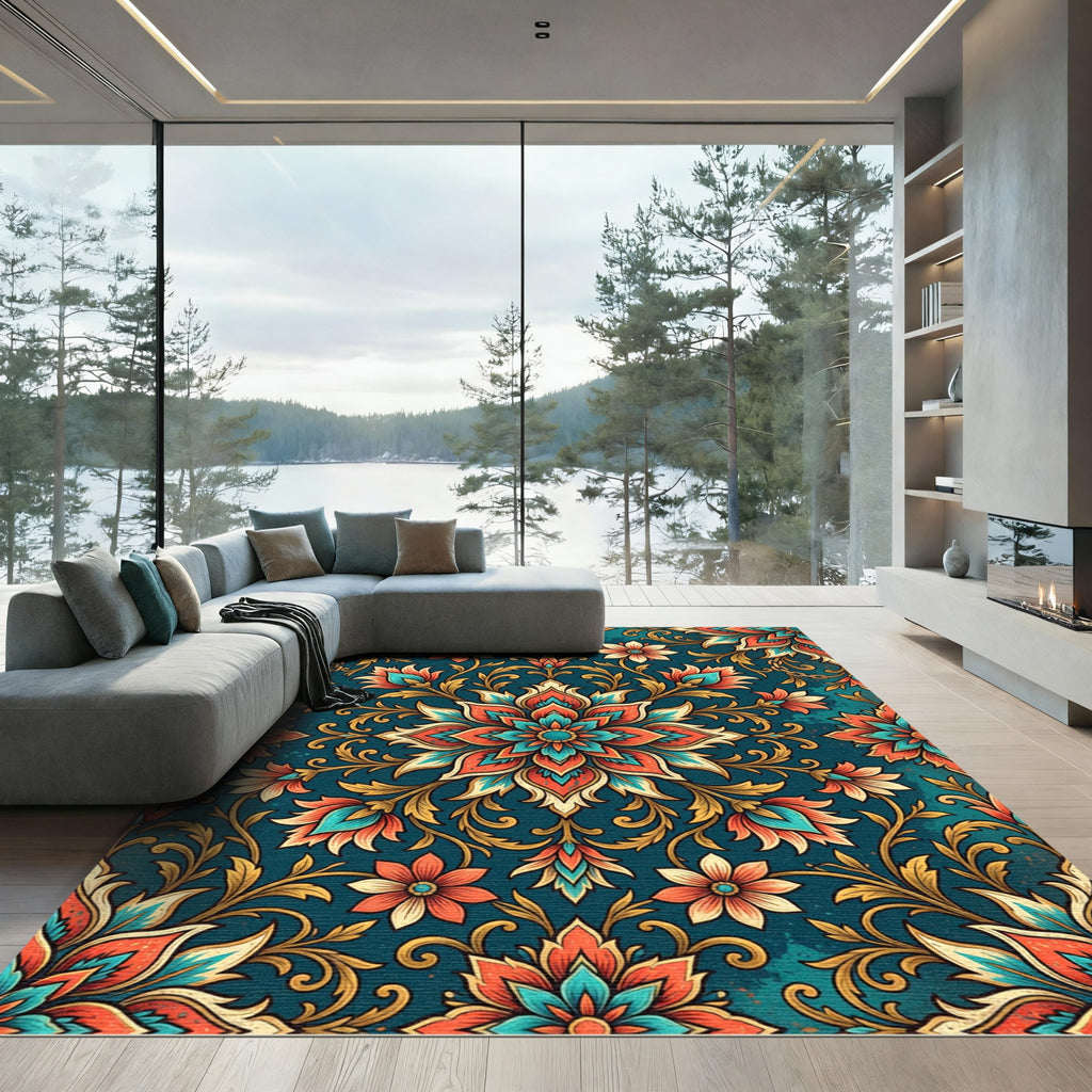 Vibrant Teal Floral Medallion Illustration Rug