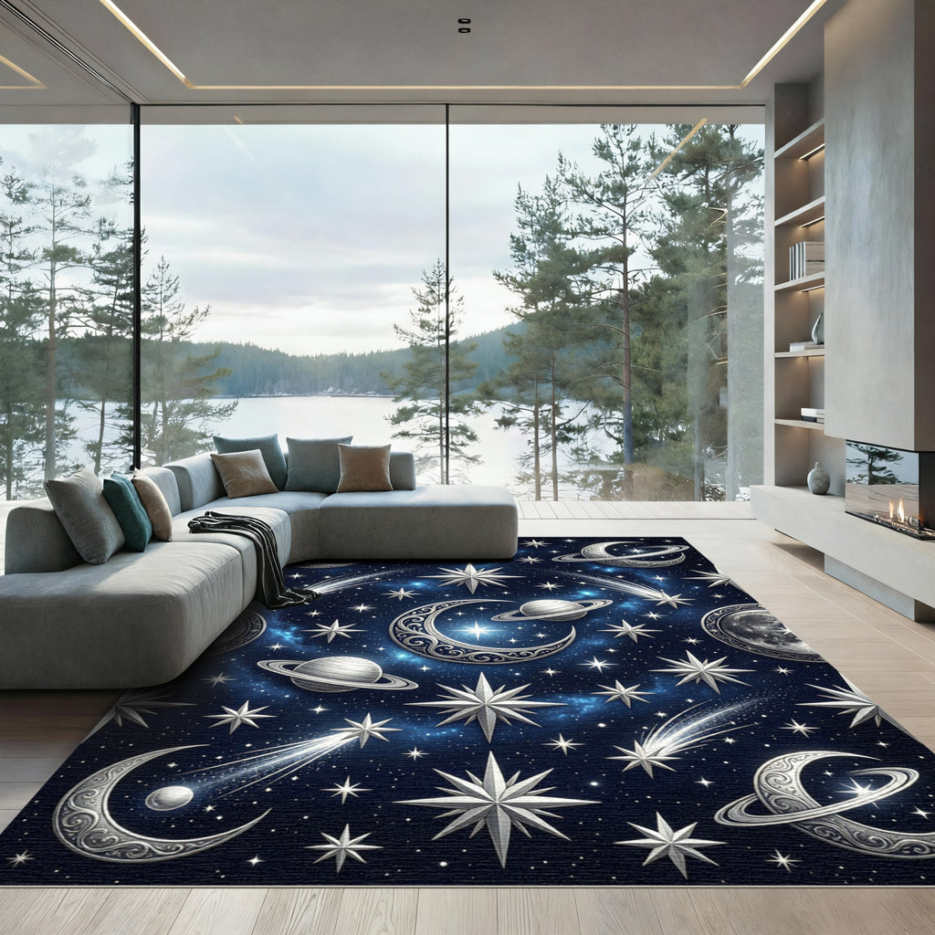Celestial Silver Moon and Starry Night Rug
