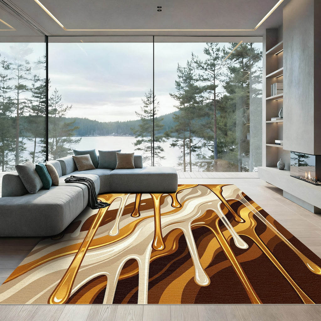 Golden Caramel and Cream Abstract Drip Rug