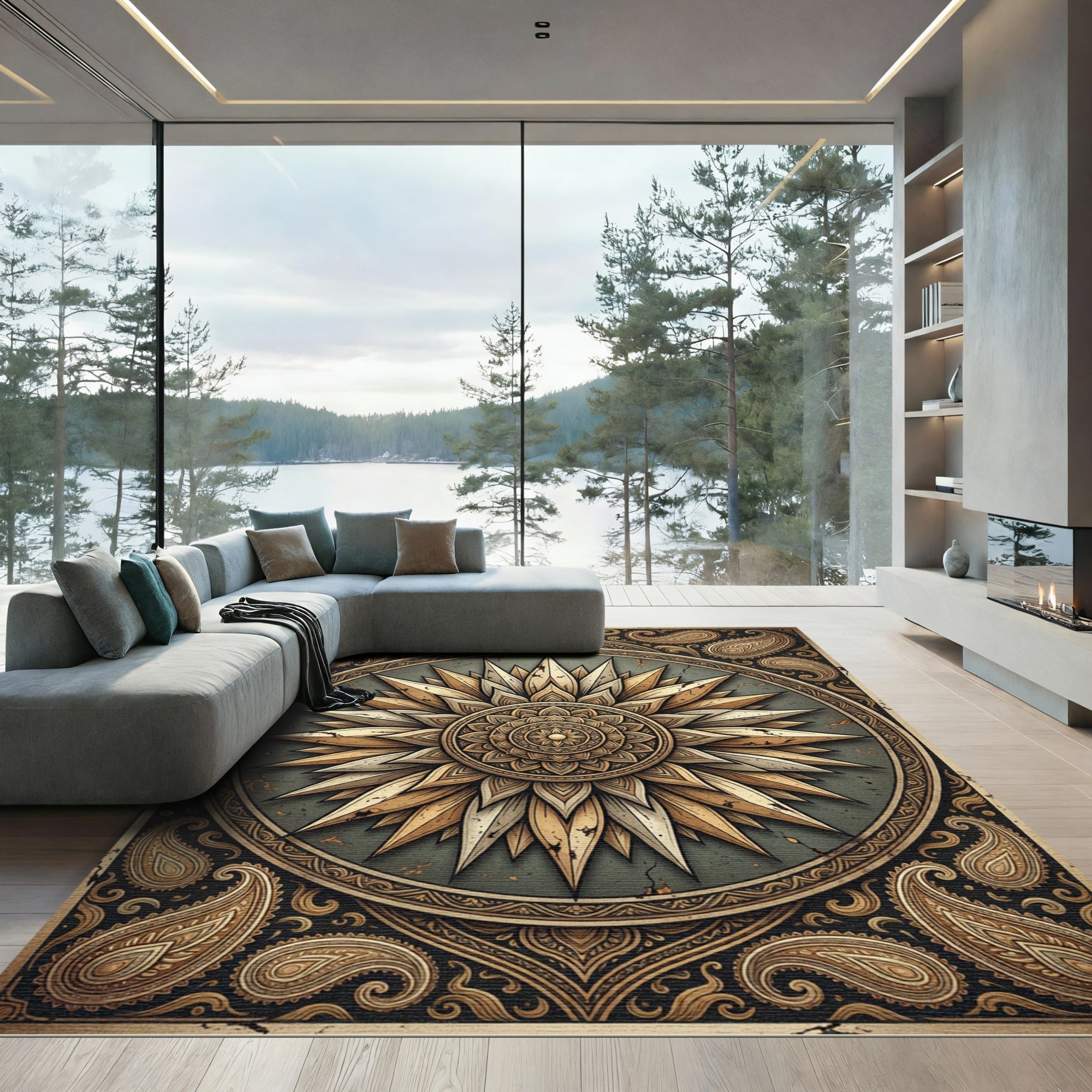Golden Sunburst Mandala Earthy Accent Rug