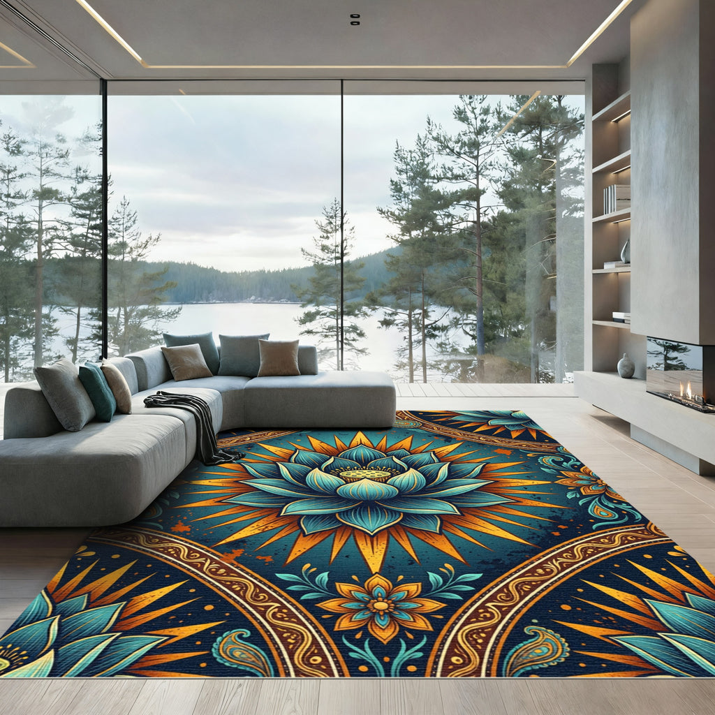 Radiant Teal Lotus Golden Sunburst Rug
