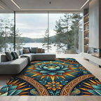 Radiant Teal Lotus Golden Sunburst Rug