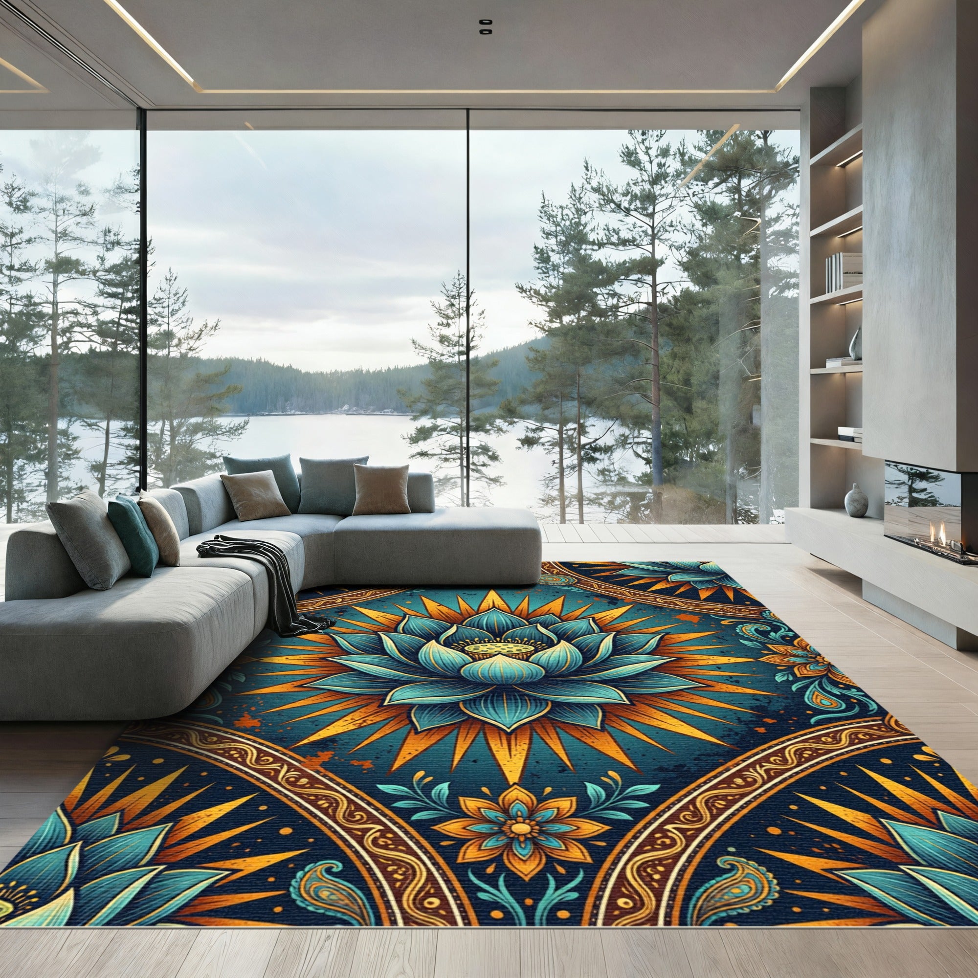 Radiant Teal Lotus Golden Sunburst Rug