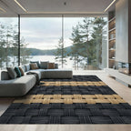 Two Tone Woven Black and Tan Grid Rug