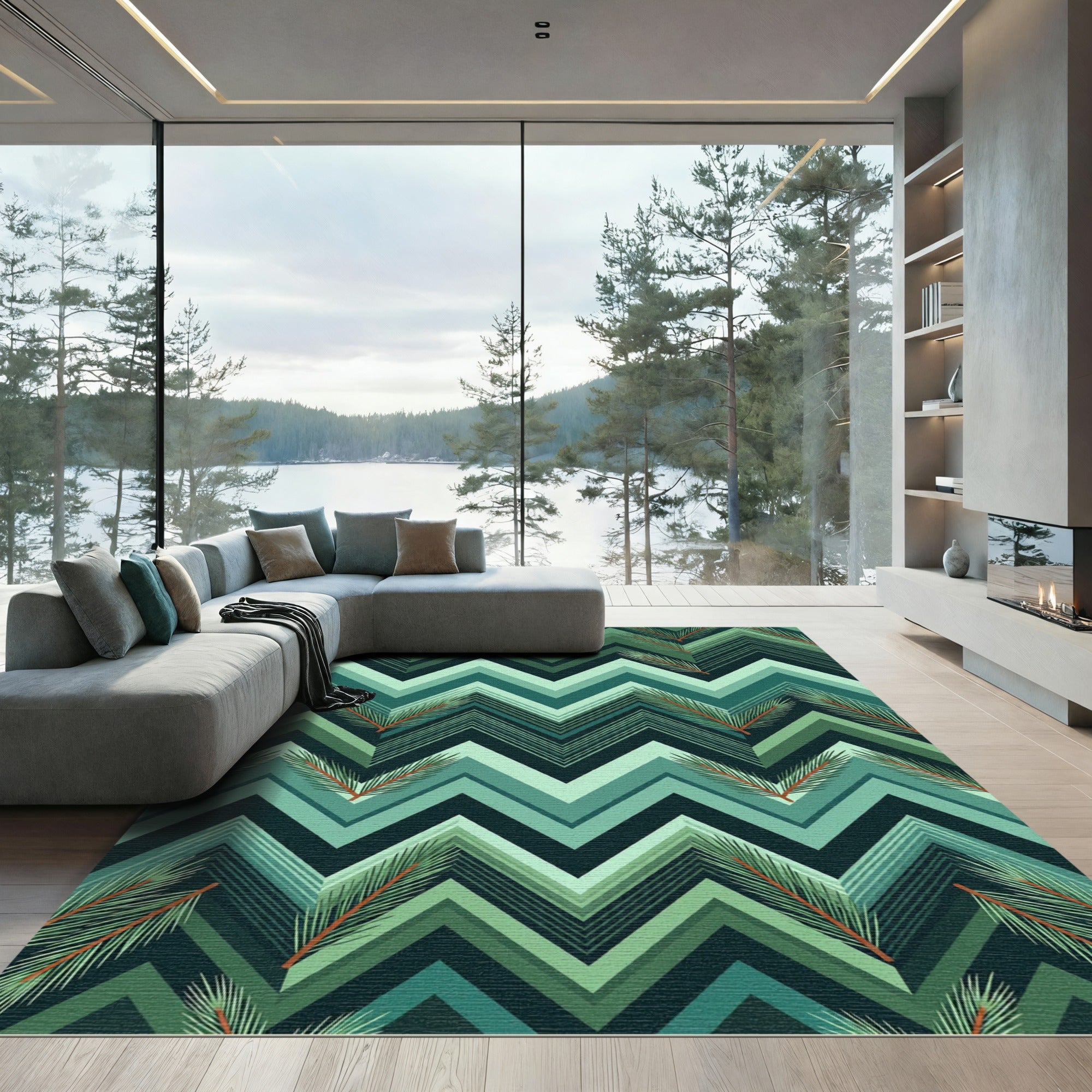 Deep Teal Chevron Pine Sprig Rug