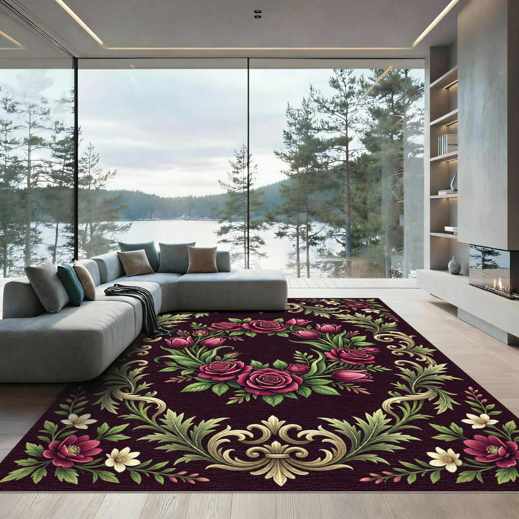 Deep Burgundy Rose and Tulip Floral Rug