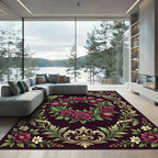 Deep Burgundy Rose and Tulip Floral Rug