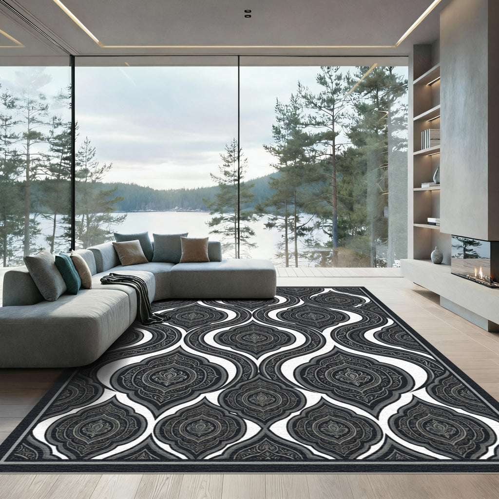 Dark Gray Ornate Paisley Drops Rug