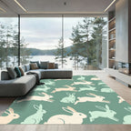 Sage Green Cream Whimsical Jumping Rabbit Rug
