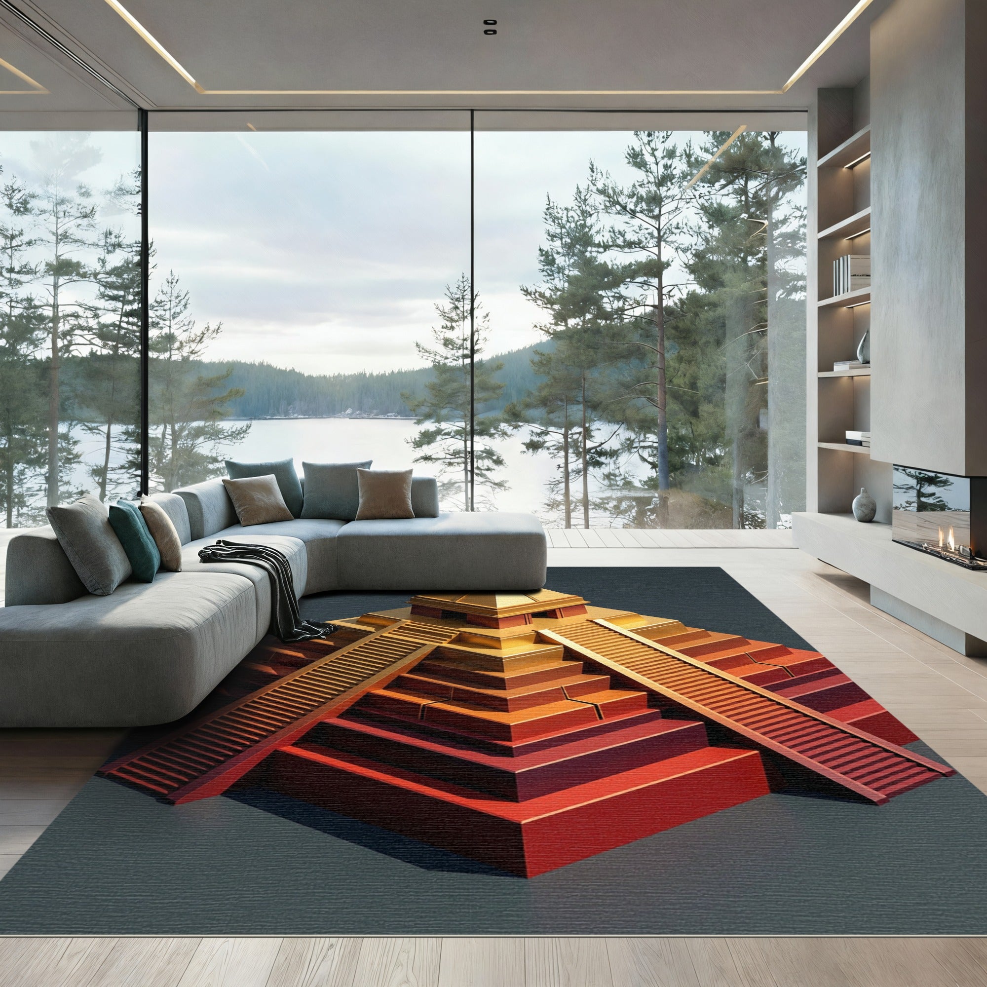 Golden Crimson Tiered Pyramid Steps Rug
