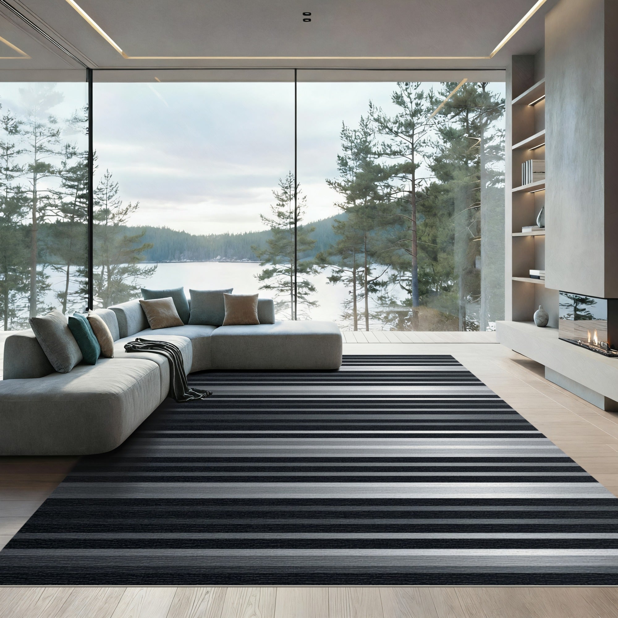 Minimalist Silver and Black Linear Striped Rug
