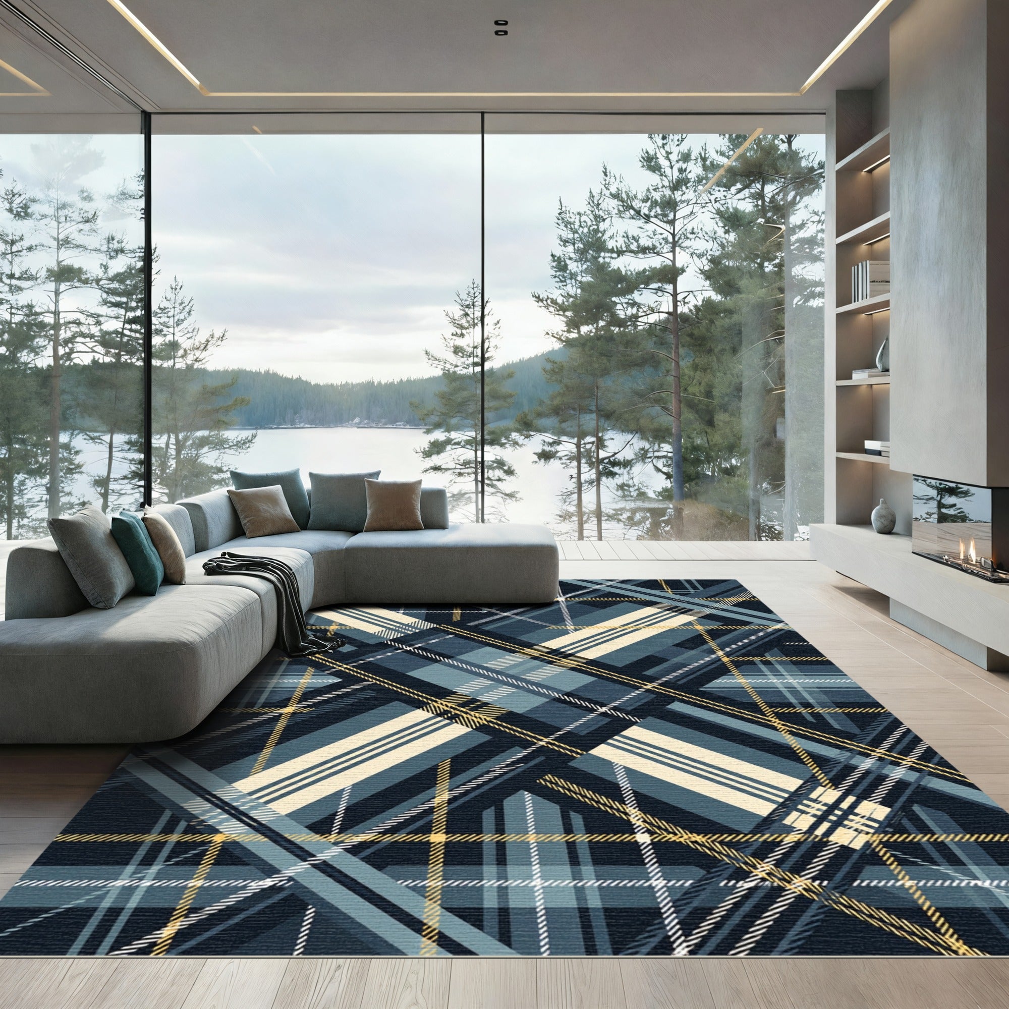 Modern Navy Mustard Checked Tartan Rug