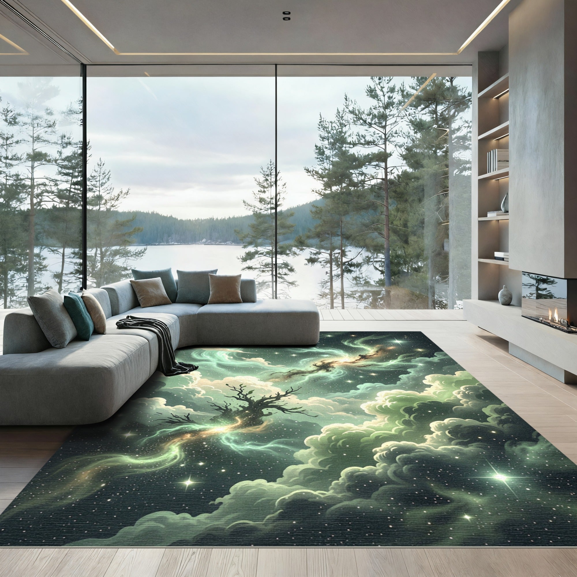 Ethereal Green Nebula Cosmic Tree Rug