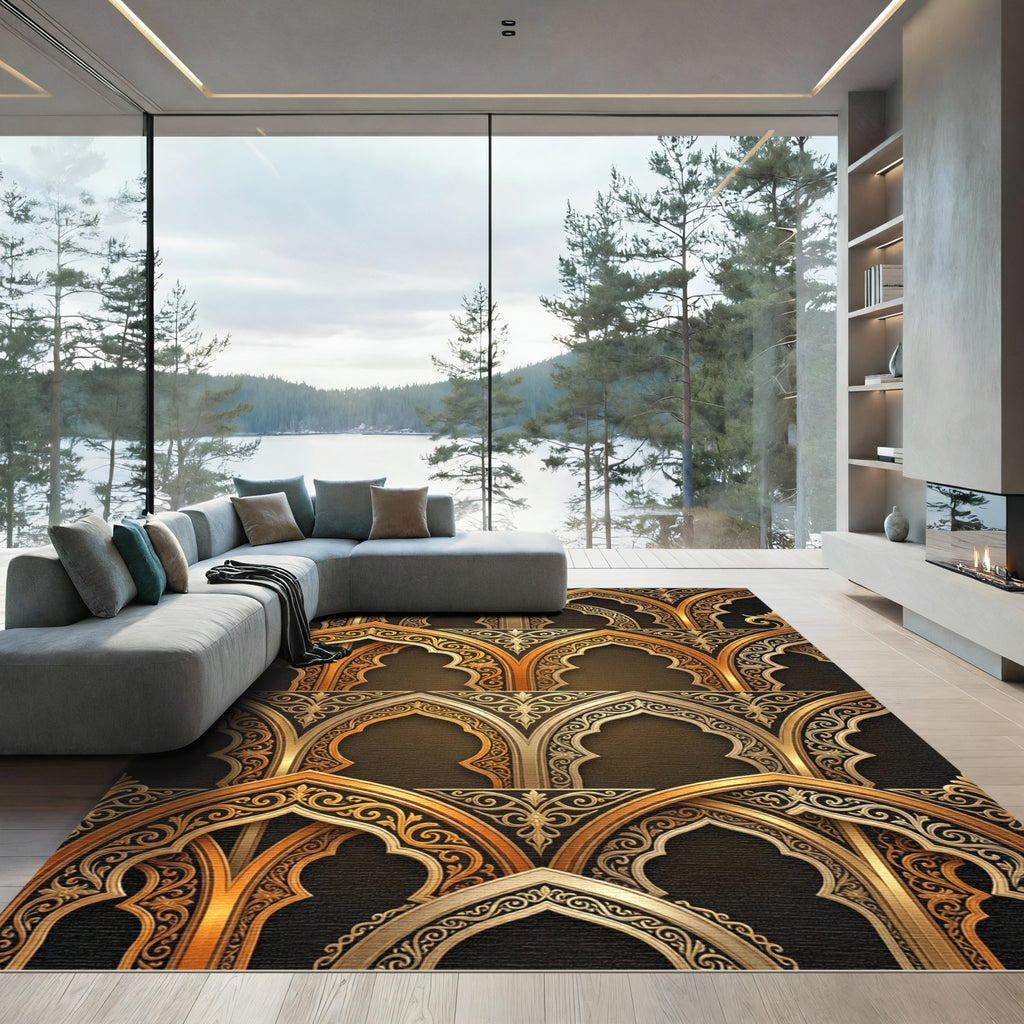 Ornate Arch Gold Metallic Scrollwork Rug