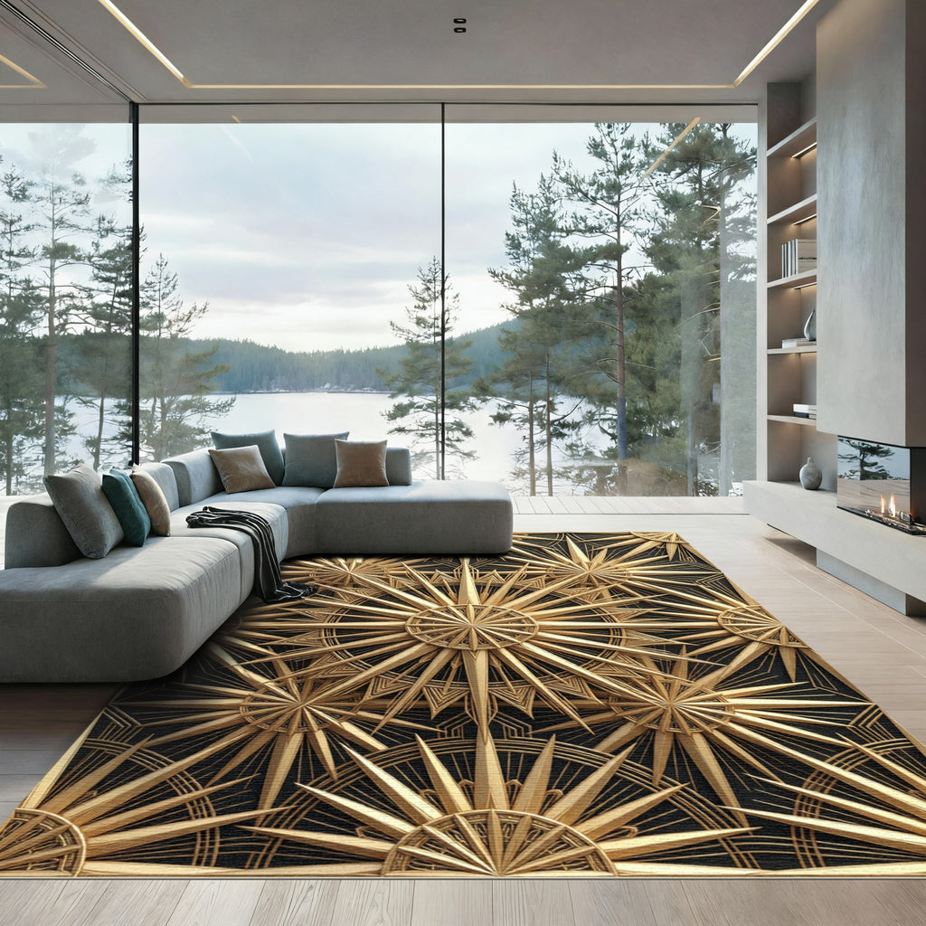 Gold Radiating Geometric Sunburst Art Rug