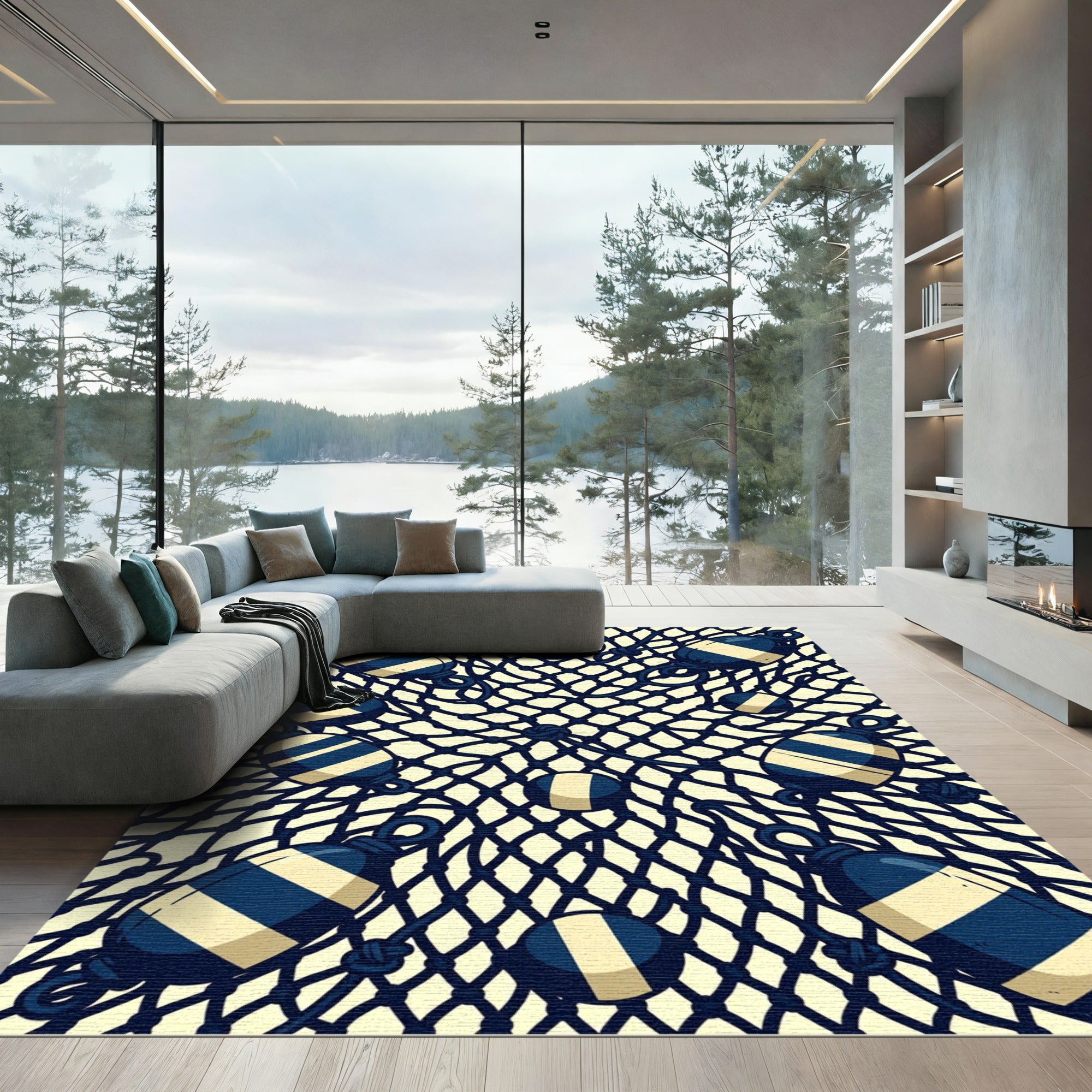 Nautical Buoy and Navy Net Grid Rug