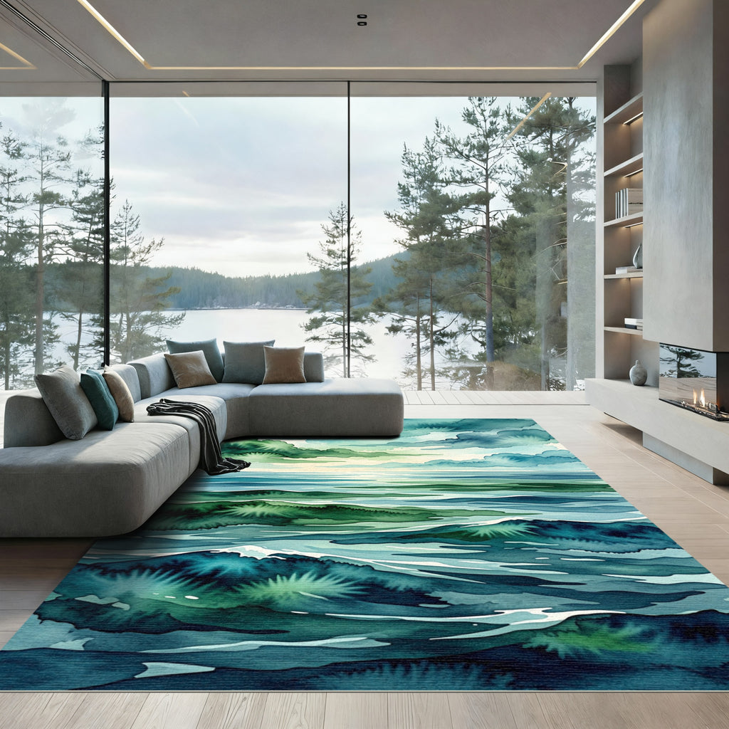 Abstract Teal Ocean Wave Watercolor Rug