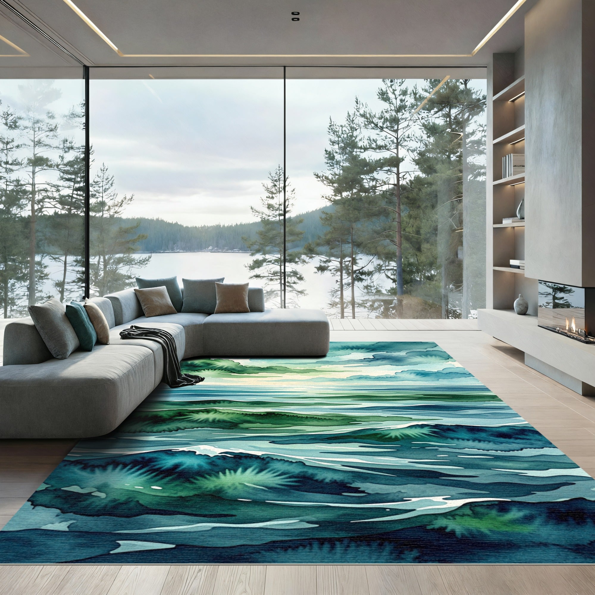Abstract Teal Ocean Wave Watercolor Rug