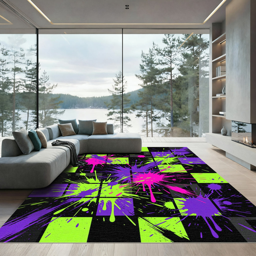 Neon Splatter Checkered Pop Art Rug