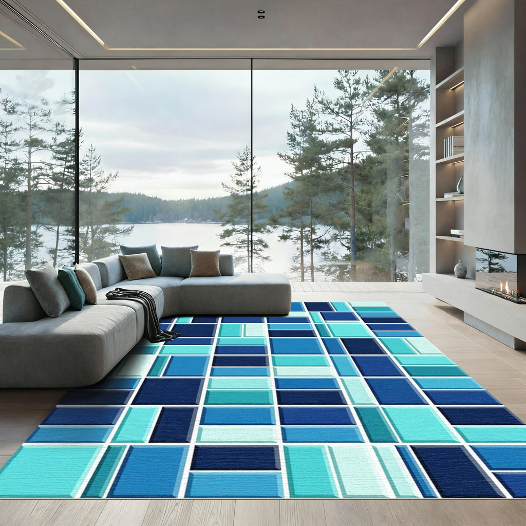 Modern Mosaic Block Azure Geometric Rug