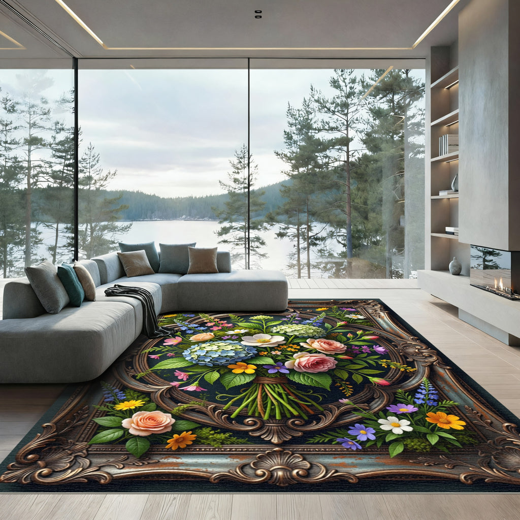 Ornate Framed Floral Bouquet Oil Painting Rug